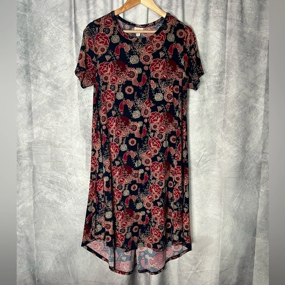 LuLaRoe Carly Floral Print Navy and Red Short Sleeve High-Low Swing Dress - S